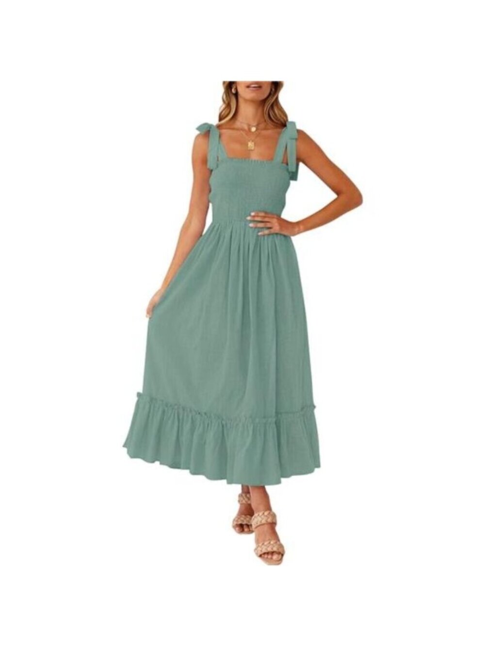 Women's Summer Boho Spaghetti Strap Square Neck Ruffle Long Maxi Dress